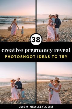 three photos of people on the beach with text overlay that says, 33 creative pregnancy reveal photoshoot ideas to try