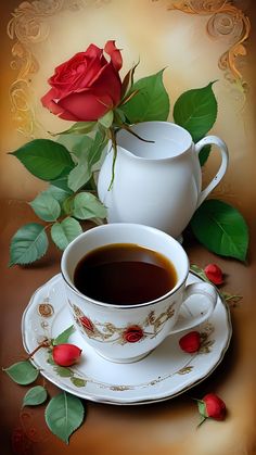 a painting of a cup of coffee and a rose on a saucer with leaves