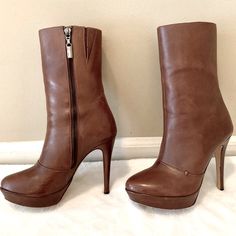 Gorgeous Shade Of Cognac Brown Leather In Great Used Condition (See All Photos). Very Comfortable Mid Calf Boots With Easy Side Zipper. Elastic Stretch Top For Extra Calf Room If Needed. 70s Vibes Platforms! Approx Measurements Heel 4.5” Platform 1” Brown Platform Boots With Zipper For Fall, Leather Heeled Boots With Side Zipper And Round Toe, Leather Platform Boots With Zipper And Pointed Toe, Brown Faux Leather Boots With Zipper Closure, High Heel Leather Boots With Side Zipper, Leather High Heel Boots With Side Zipper, Elegant Brown Heeled Boots With Zipper Closure, Elegant Brown Heeled Boots With Zipper, High Heel Leather Platform Boots With Zipper