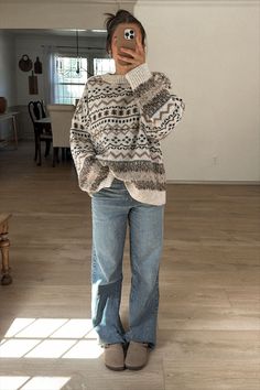 Cool Vibes Sweater curated on LTK Pattern Sweater Outfits, White Chunky Sweater Outfit, Sweater With Turtleneck Underneath, Sweater And Turtleneck Outfit, How To Style A Sweater, Thrifting Aesthetic Outfits, Aztec Sweater Outfit, Pattern Sweater Outfit, Cozy Outfit Aesthetic