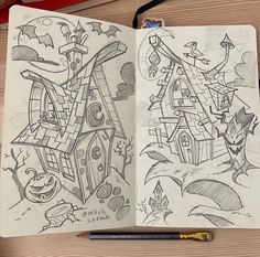 an open notebook with some drawings on it