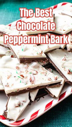 the best chocolate peppermint bark recipe is on a plate with candy canes