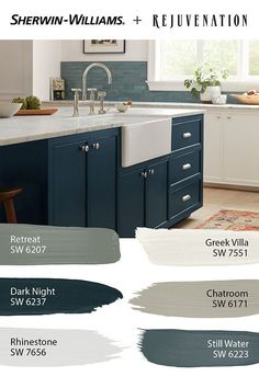 the kitchen cabinets are painted in blue and white, with different shades to choose from