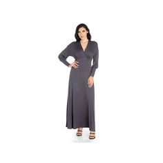 Designed with a flared skirt and empire waist, this figure-flattering juniors' maxi dress from 24seven Comfort Apparel delivers an elegant look you can't resist. Designed with a flared skirt and empire waist, this figure-flattering women's maxi dress from 24seven Comfort Apparel delivers an elegant look you can't resist. V-neck Long sleeves No pockets Empire waist Unlined Jersey construction PulloverFIT & SIZING Maxi silhouette 54.5-in. approximate lengthFABRIC & CARE Rayon, spandex Machine wash Sweater Maxi Dress, Dress Guide, Plus Size Designers, Maxi Dress Online, Full Length Dress, Big Clothes, Women Formals, Review Dresses, Sleeve Maxi Dress