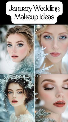 Winter-inspired bridal makeup look for a January wedding. Bride Makeup Elegant, Makeup For Snow Pictures, Minimal Makeup Wedding Look, Winter Bridal Makeup Green Eyes, Soft Winter Makeup Looks, Winter Wedding Makeup Looks, Winter Wedding Make Up, Winter Inspired Makeup, Engagement Photo Makeup Blue Eyes