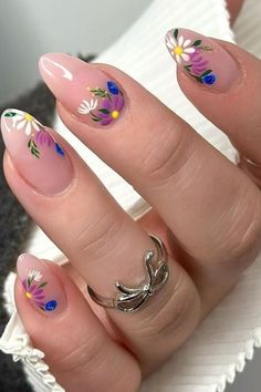 Floral Nails Her Nails, Manicure, Nail Designs, Nail Art, Nails, Ring, Flowers, Pink, Blue