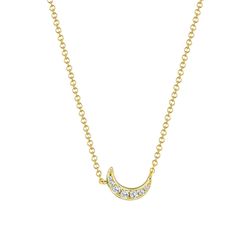 Embrace the celestial elegance of our 14k Gold Moon Necklace with Sparkling Diamonds, a piece that captures the magic and mystery of the night sky. Crafted from high-quality 14k gold, this exquisite necklace features a delicate crescent moon pendant, a symbol of femininity and intuition. The crescent moon is adorned with 0.07 carats of shimmering diamonds, meticulously set to enhance its natural beauty and brilliance. Each diamond is carefully placed to catch the light, creating a mesmerizing sp Luxury Moon Shaped Necklace, 14k Gold Crescent Celestial Necklace, Celestial Crescent 14k Gold Necklace, Elegant Gold Crescent Diamond Necklace, Celestial Crescent Yellow Gold Necklace, Elegant Diamond Necklace With Moon Phase Detail, Elegant Diamond Necklace With Moon Phase, Gold Crescent Diamond Necklace, Fine Jewelry Crescent Moon Charm Necklace