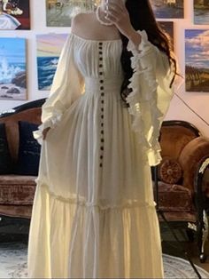 Vestido de talla grande con hombros descubiertos, mangas con volantes y borde con volantes Albaricoque Bohemio  manga larga Tela tricotada Liso A línea No-Elástico  Women Plus Clothing, size features are:Bust: ,Length: ,Sleeve Length: Dress With Shirred Waist, Beige Flowy Dress, White Medieval Dress, Long Sleeve Flowy Dress, Flounce Sleeve Dress, Pirate Dress, Long Flowy Dress, Long Dress Plus Size, Long Sundress