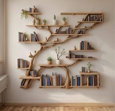 Home Decor Ideas Books, Wood Cabin Furniture, Book Shelf Ideas Minimalist, Reading Room For Adults, Book Displays Ideas, Elegant Wall Shelves, Bookshelf Hanging Wall, Tree Wall Bookshelf, Rustic Forest Decor