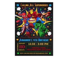 the avengers birthday party poster is shown