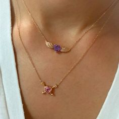 Purple Sapphire Heart Solitaire Double Wing 14K Solid Charm Pendant Necklace (Natural Real Purple Sa Gold Double Heart Gemstone Necklace, Gold Double Heart Gemstone Necklaces, Gold Necklace Aesthetic, Flying Heart, Pink Gold Necklace, Solid Necklace, Necklace Aesthetic, Hey Beautiful, Solitaire Necklace