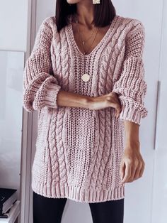 Pink Casual V Neck Solid Long Sleeve Sweater Trendy Chunky Knit V-neck Long Sleeve Sweater, Cozy Knit V-neck Sweater Dress, Cozy V-neck Sweater Dress For Spring, Oversized V-neck Sweater Dress For Winter, Pink Textured Knit V-neck Sweater, V-neck Knitted Sweater For Loungewear, Knitted V-neck Sweater For Loungewear, Trendy Oversized V-neck Sweater, Trendy Long Sleeve Chunky Knit V-neck Sweater