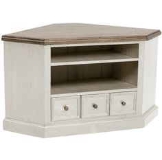 a white wooden entertainment center with drawers and an open shelf on one side, in front of a white background