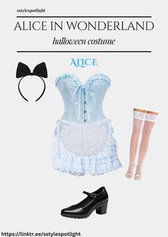 alice in wonderland cosplay costume with high heeled shoes and stockings on the bottom