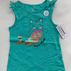 Green Tank With Flip Sequins. Stretch Playful Tops For Playtime, Playful Stretch Tops For Playtime, Cotton Mermaid Top For Summer, Green Sleeveless Tops For Playtime, Mermaid Tank Top, Flamingo Graphic, Carters Girl, Newborn Girl Outfits, Green Tank