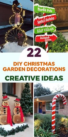 christmas yard decorations with text overlay that reads 22 diy christmas garden decorations creative ideas