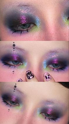 Space Theme Makeup, Northern Lights Makeup, Space Makeup Looks, Colorful Goth Makeup, Green And Purple Makeup, Dark Purple Makeup, Opal Makeup