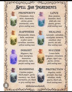 the spell jar ingredients are labeled in different colors