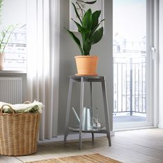 a potted plant sitting on top of a wooden stand next to a basket filled with plants