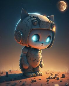 a robot cat with glowing eyes sitting on the ground in front of a full moon