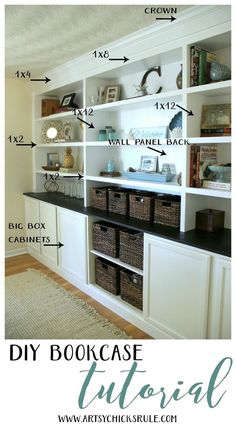 a white bookcase with black shelves and wicker baskets on top, labeled diy bookcase tutorial