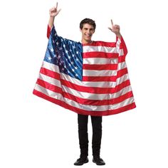 a man is holding an american flag in his hands and making the peace sign with both hands