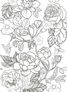 an image of flowers and butterflies coloring pages