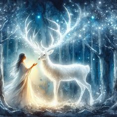 a woman standing next to a white deer in the forest with stars on its antlers