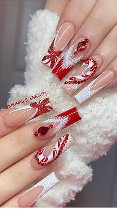 Difficulty: Medium     Glitter   • Gel   • Acrylic   • rhinestone Red Christmas Nail Designs 2024, Winter Bling Nails Rhinestones, Glitter Xmas Nails, Cherry Red Christmas Nails, Winter Bling Nails, New Year Nails 2024, Elegant Christmas Nail Designs, Thanksgiving Acrylics