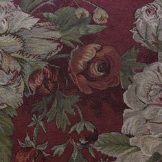 a close up of a red and white flowered fabric with many flowers on it