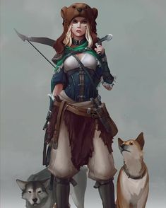 a woman standing next to two dogs on a gray background with an arrow in her hand