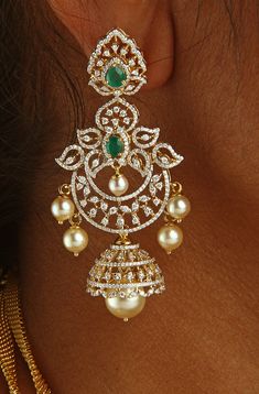 18 karat gold '4 in 1' detachable diamond jhumkas - diamond dangle earrings with color stones & south sea pearls
  width of the jhumka : 0.65 inches
  this product has inter changeable stones in the earrings
  
  note: only the front side has diamonds as shown in the picture, the back part of the jhumka which is not visible from the front is only gold without diamonds

introducing our exquisite 18 karat gold '4 in 1' detachable diamond jhumkas, the epitome of elegance and sty Diamond Chandbali Earrings, Diamond Jumkas, Diamond Buttalu, Mirror Bangles, Big Earrings Gold, Diamond Earrings Indian, Rings Big, Gold Arm Cuff, Diamond Jhumkas