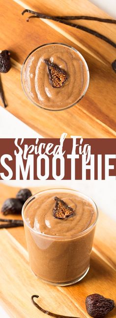 two glasses filled with smoothie on top of a wooden table next to some nuts