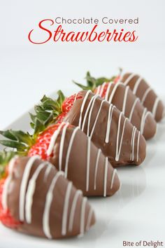 chocolate covered strawberries on a white plate with the words, chocolate covered strawberries