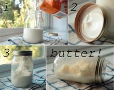 four pictures showing how to make butter in a glass jar and then put it in a mason jar