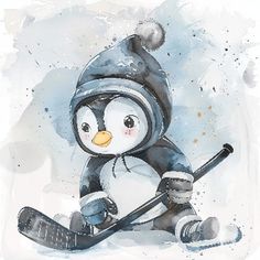 a watercolor painting of a penguin wearing a hat and holding a hockey stick while sitting in the snow