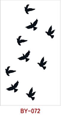 a flock of birds flying across a white sky with the words by - 072 below it