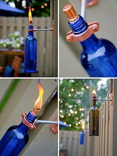 four different shots of blue glass bottles being used as wind chimes, and then turned into a candle holder