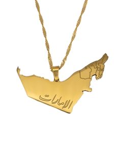 A necklace of the map of the UAE for you to wear and display your pride in your nationality!    Material: 18K Gold Plated/Silver Plated on Stainless Steel Pendant Dimensions: 4.3cm x 3.8cm Gold Chain Length: 45cm Silver Chain Length: 60cm No Rusting/Discolouration Uae Map, Country Necklace, Map Necklace, Stainless Steel Pendant, The Map, Chains For Men, Gold Plated Silver, Chain Length, Silver Necklaces