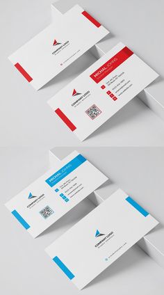 two white business cards with red, blue and grey accents on the front and back