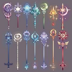 a bunch of different types of keys on a purple and blue background with sparkles