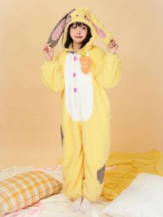 This price is for a pajama only. Dress / Top Details:Partial Button PlacketSleeves:Elastic Cuffs Size S M Bust 109 11 Sleeve Length 70 74 Full Length 137 145 Cute Onesies For Women, Yellow Pjs, Bunny Pajamas, Yellow Pajamas, Kawaii Pajamas, Cute Onesies, Cosy Outfit, Bunny Suit, Cute Sleepwear