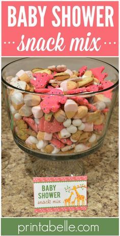 baby shower snack mix in a glass bowl