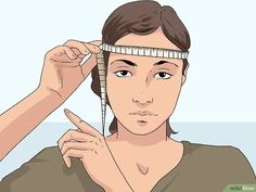 a woman measuring her hair with a tape around her head and the measure on her forehead