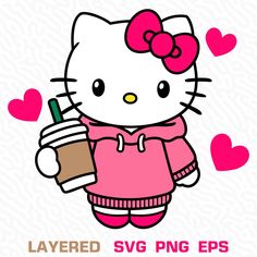 a hello kitty holding a cup of coffee with hearts around her and the caption layered svg png eps