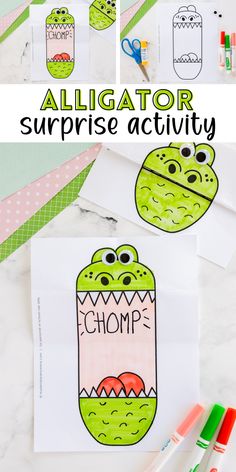 alligator surprise activity for kids to learn how to draw and color with crayons