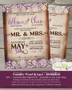 two wedding cards with the words, country word and lace on them