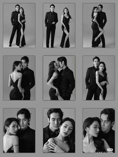 several pictures of people in black and white with one woman hugging the other man's head