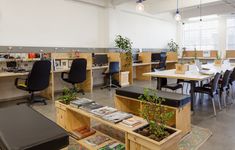 an office filled with desks and chairs next to plants in wooden boxes on the floor