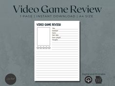 a video game review sheet with the words video game review written in black on it